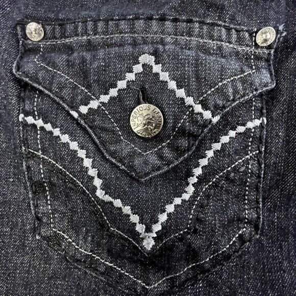 Imperious Delf Trading Jeans 38x33 Black Vintage Flap Pocket Embroidered Rock - Picture 3 of 16